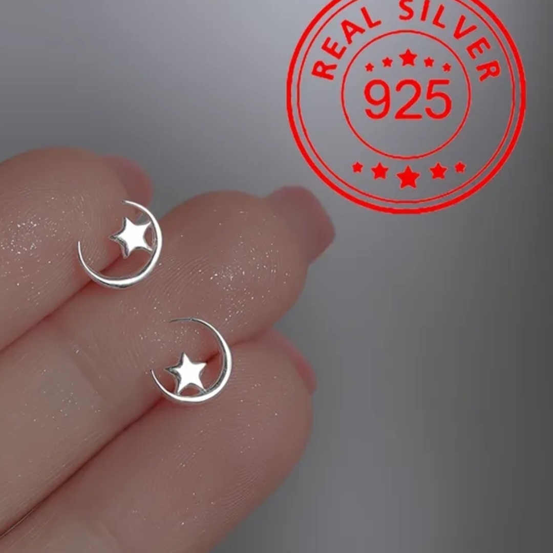 Silver Crescent Moon And Star Earrings